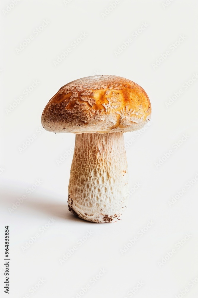 Poster a single mushroom on a plain white surface with a white background, perfect for use in designs and i