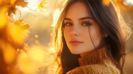 Fototapeta premium Closeup portrait of woman in all gold with autumn