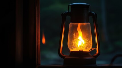 Glowing flame illuminates old lantern lighting up