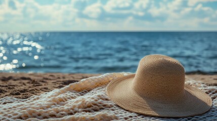 Close-up of a straw hat on a beach blanket with a blurred background of the ocean.