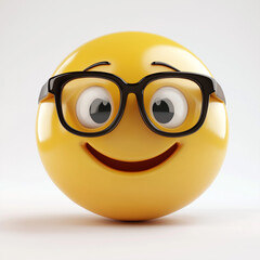 A 3D render of a yellow smiley face emoji wearing glasses,on a white background