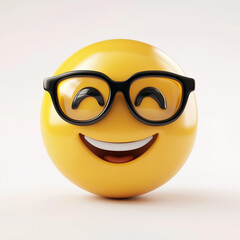 A 3D render of a yellow smiley face emoji wearing glasses,on a white background