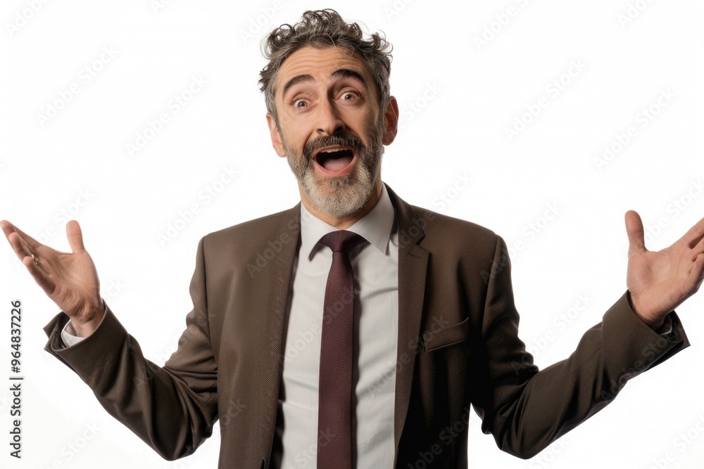 Poster a professional man stands with his hands open, possibly offering a solution or presentation