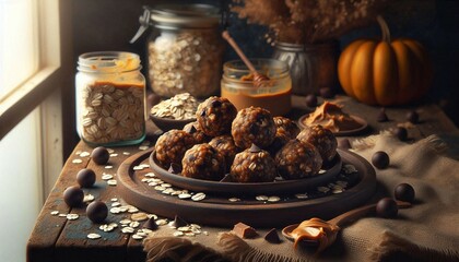 Fototapeta premium a plate of oatmeal balls, jars of oats and pumpkin puree, scattered oats and chocolate pieces, with warm lighting enhancing the cozy atmosphere.