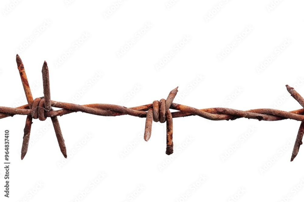 Poster Close-up view of a rusty barbed wire fence with sharp points and wires