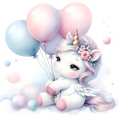 Adorable Baby Unicorn with Balloons and Floral Crown in Pastel Colors