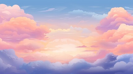 Serene Sunrise Sky with Fluffy Pink Clouds. Digital Art Cloudscape. Calm, Peaceful and Tranquil Atmosphere.