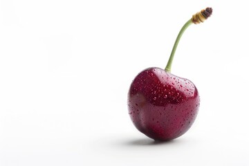 A single cherry with water droplets glistening on its surface, great for use in food or nature photography