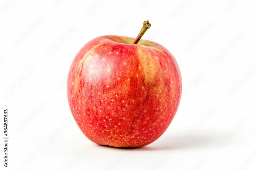 Poster a single red apple with a green stem sits on a clean white surface