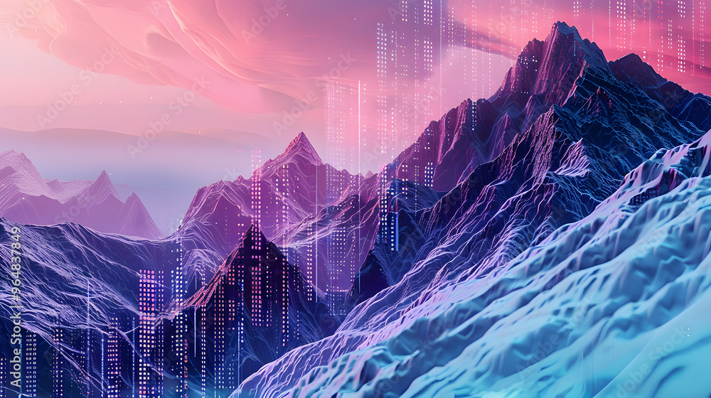 Poster mountain range with peaks resembling server towers and rocky slopes fading into data streams