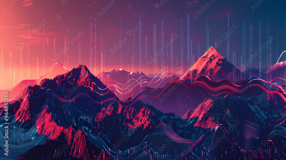 Poster mountain range with peaks resembling server towers and rocky slopes fading into data streams