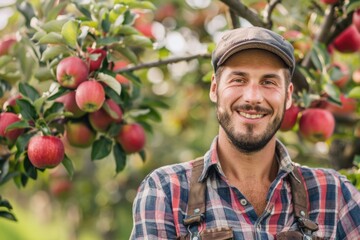 A person stands in front of an apple tree with lush green leaves and ripe apples
