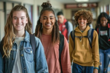 A group of students walking together in a school hallway, suitable for use in educational or social media contexts
