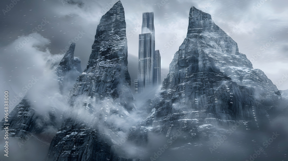 Poster mountain range with peaks resembling server towers and rocky slopes fading into data streams