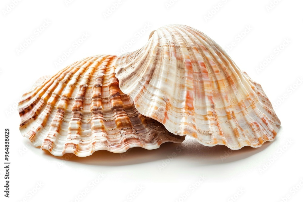 Poster two seashells sit on a white surface, perfect for decorative use or as a symbol of the ocean