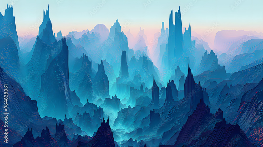 Poster mountain range with peaks resembling server towers and rocky slopes fading into data streams