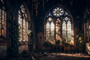 Obraz premium A deserted church covered with vines and weeds, with sunlight streaming through dilapidated windows.