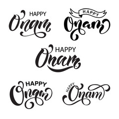 Happy Onam set of handwritten text. Hand lettering, modern brush ink calligraphy isolsted on white background. Indian festival. Vector holiday illustration. Typography design for card, poster, banner