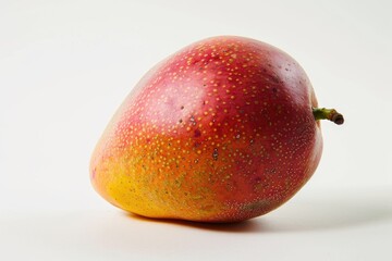 A single ripe mango on a white surface, perfect for food styling and photography
