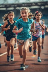 Group of young girls running on a track