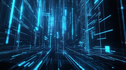 Abstract Digital Cityscape with Glowing Blue Lines