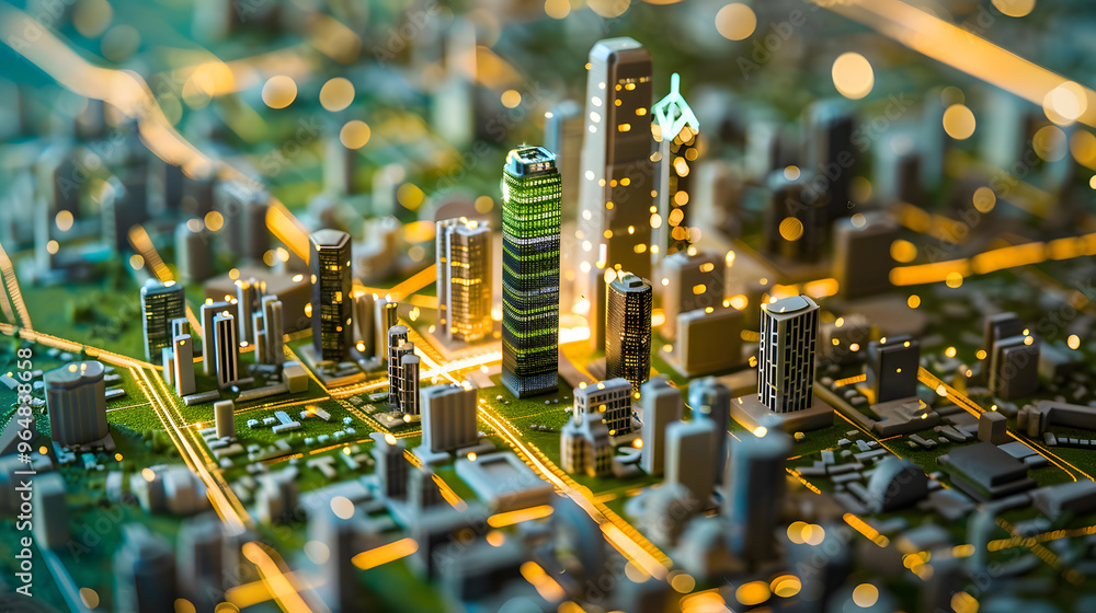 Poster nanoscale cityscape where skyscrapers act as data processors and streets glow with information flow