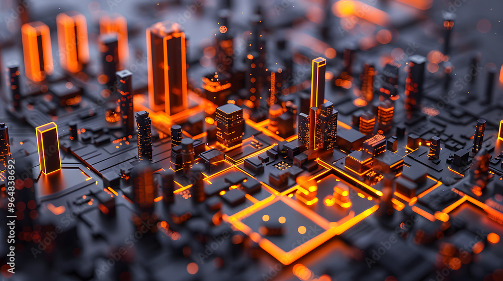 Poster nanoscale cityscape where skyscrapers act as data processors and streets glow with information flow