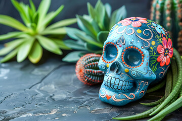 Naklejka premium Traditional sugar skull Calavera, decorated with bright flowers, Day of the Dead