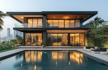 Fototapeta premium Luxury house with glass wall and swimming pool. Created with Ai
