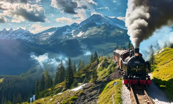 A steam locomotive chugging along a scenic mountain route, passengers enjoying the view. Video
