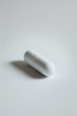 A single pill sits on a white table, great for medical or science illustrations