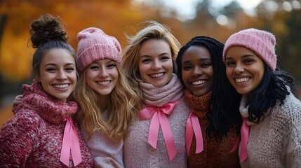 Diverse group of women with pink breast cancer awareness ribbons smiling together in solidarity