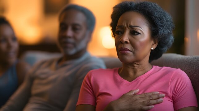 Thoughtful woman holding her chest, reflecting on breast cancer awareness in a warm home setting