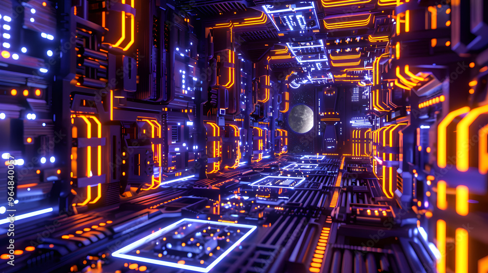 Poster neuron-inspired space station and compartments working as ai cores and energy fields flickering with