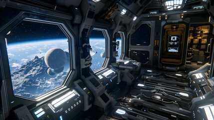 Neuron-inspired space station and compartments working as AI cores and energy fields flickering with data exchange 