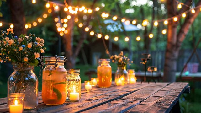 A charming evening setup with glowing lights and refreshing drinks in a backyard garden