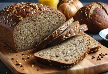 Brown seeded artisan bread loaves on wooden cutting board
