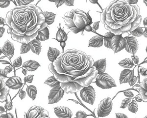 Handdrawn ornament with roses, leaves, branches, flowers, and labels