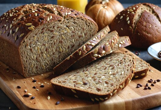 Brown seeded artisan bread loaves on wooden cutting board