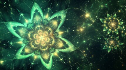 Intricate line art illustration of a fractal star explosion enhanced with glossy effects on an abstract green background