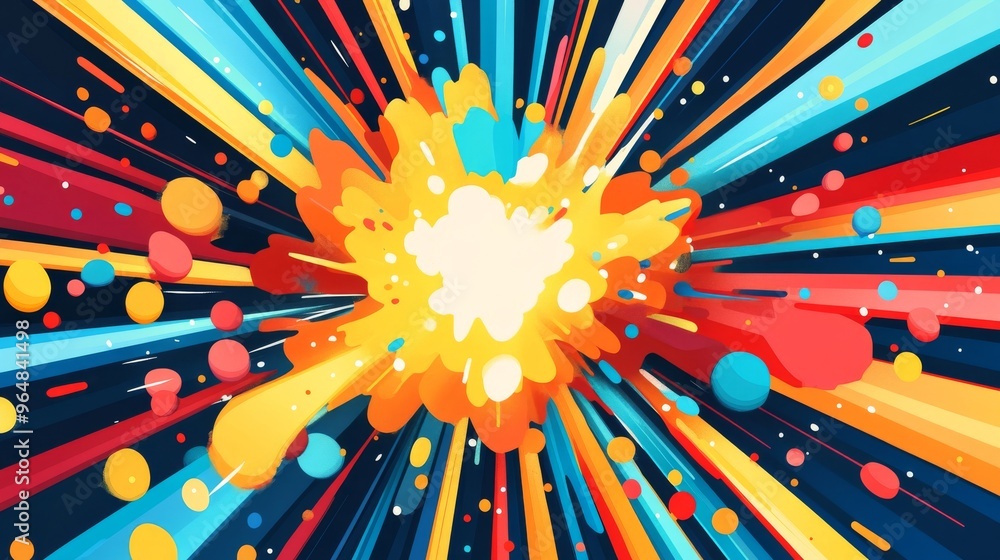Poster featuring an abstract background with a star explosion displaying an array of colors, particles, and