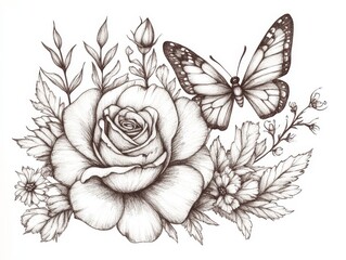 Line art border with insects, wildflowers, and moths, embellished by an elegant rose flower design