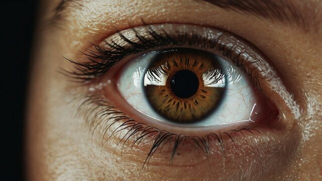 Eye illustration captivates. A detailed iris, intricate eyelashes, vivid pupils, sharp contours, realistic shading, radial gradients, soft highlights, subtle reflections, deep contrast, organic symmet