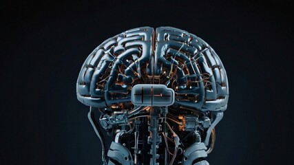 Concept of artificial intelligence and big data visualization. Cyber technologies are evolving, represented by a futuristic robotic brain.