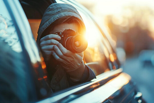 private detective sitting inside a car, capturing evidence with an SLR camera.