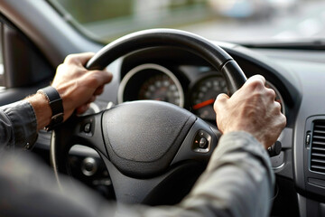 Naklejka premium close-up shot of a man's hands firmly gripping the steering wheel while driving a car. The focus is on the hands and the dashboard with a speedometer in the background.
