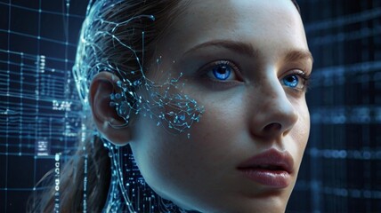Concept of artificial intelligence, showcasing a futuristic visualization of big data. A blue wave of cyber technologies flows alongside a robotic humanoid face, symbolizing digital evolution