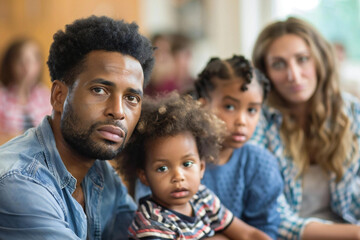photo of a diverse couple in a courtroom with their attorneys, splitting custody of their children and house during a divorce process.