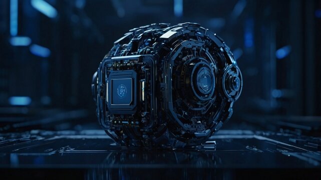 AI technology pulses inside a glass bulb. Radiant dark blue hues illuminate intricate digital circuits, evoking futuristic energy, intelligence, innovation, illumination, complexity, artificial networ