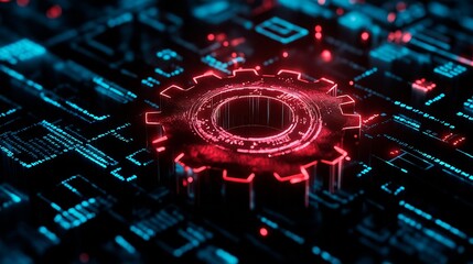 blue gear wheel and circuit board. technology and innovation concept